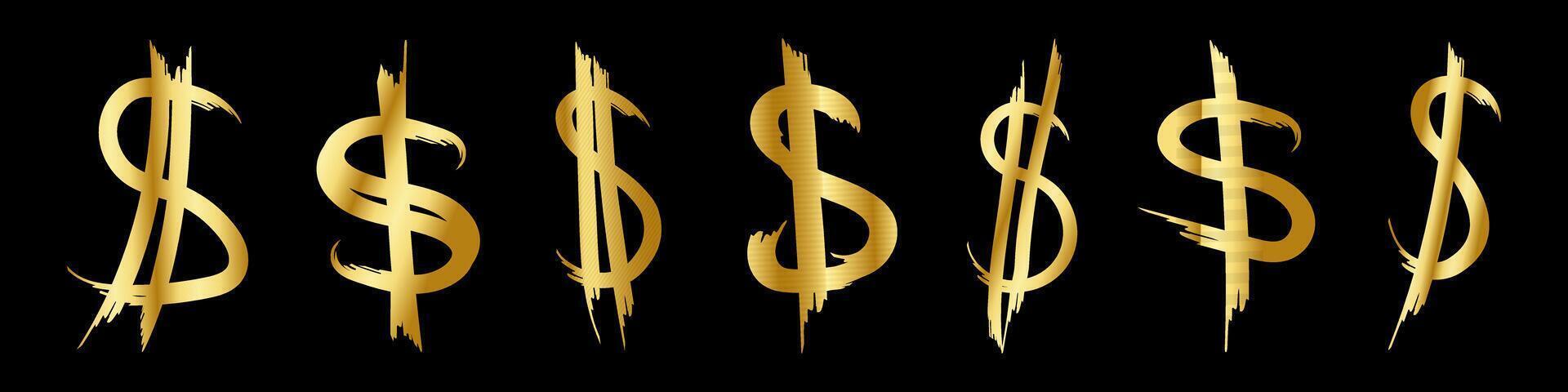 Gold dollar icons set. Hand-drawn brush strokes of golden dollar signs. Money signs for business and decoration, websites and app. vector