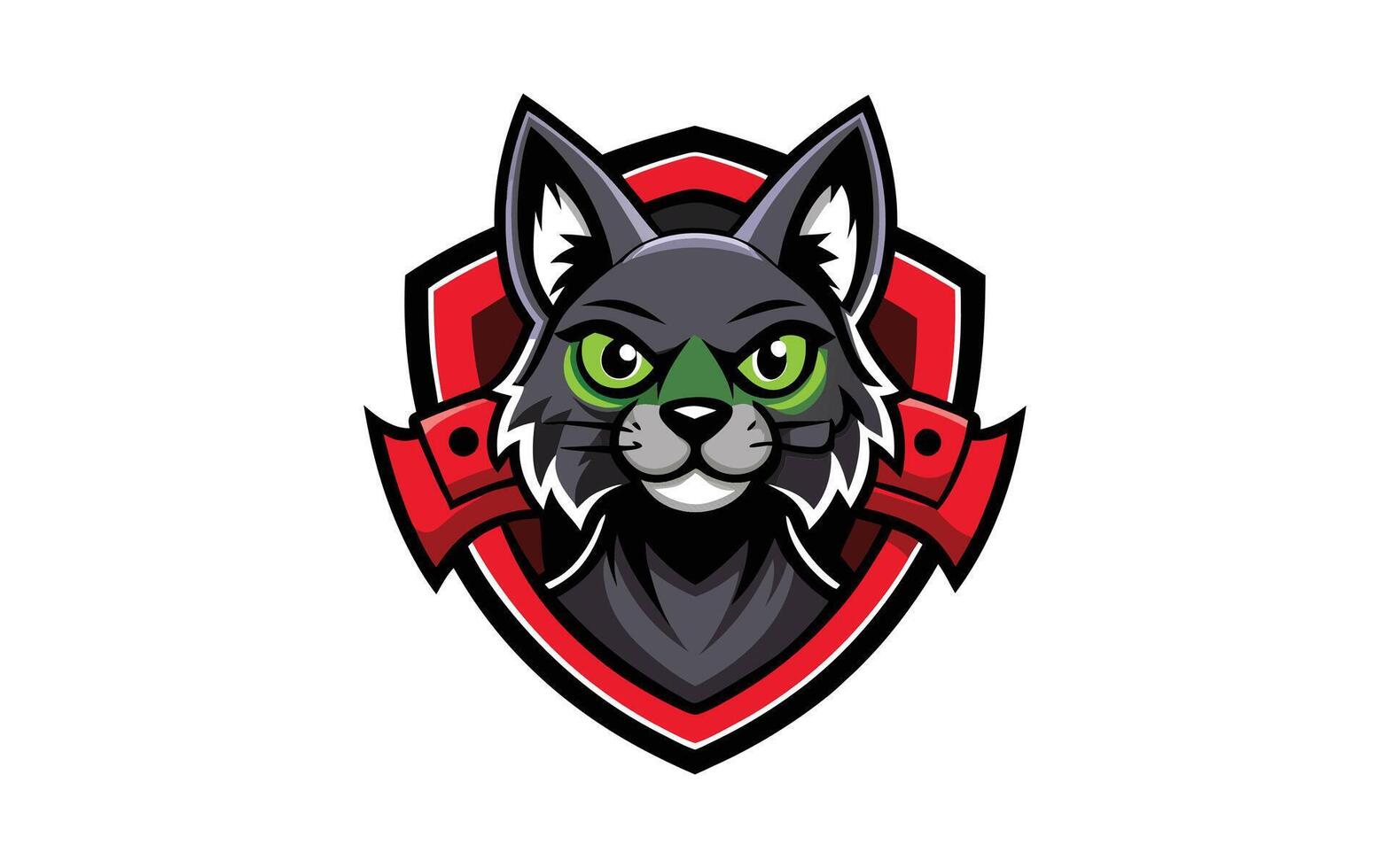 a black cat with green eyes and a red shield vector