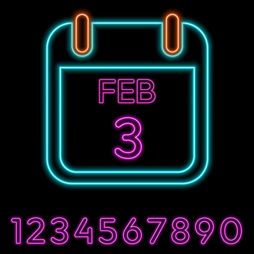 February 3 - daily calendar icon in neon style. date february 3st neon. vector