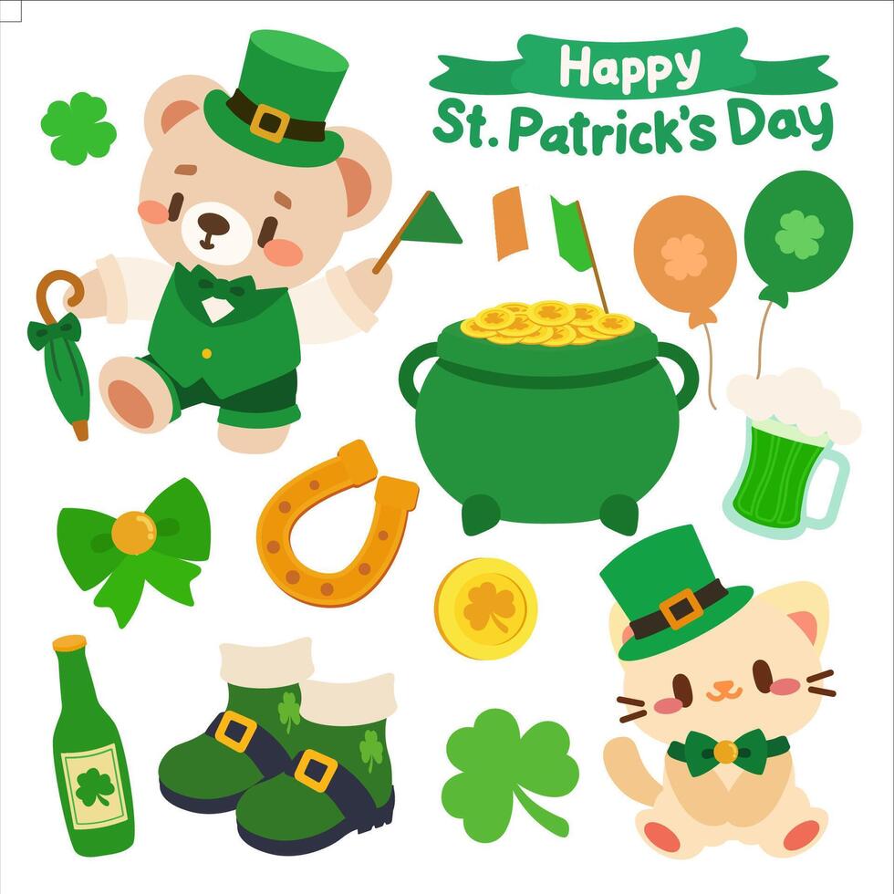 Adorable Patrick's Day clipart set featuring a leprechaun bear, a cat, and various festive icons like shamrocks, gold coins, pots of gold, green beer, and Irish themed decorations. vector