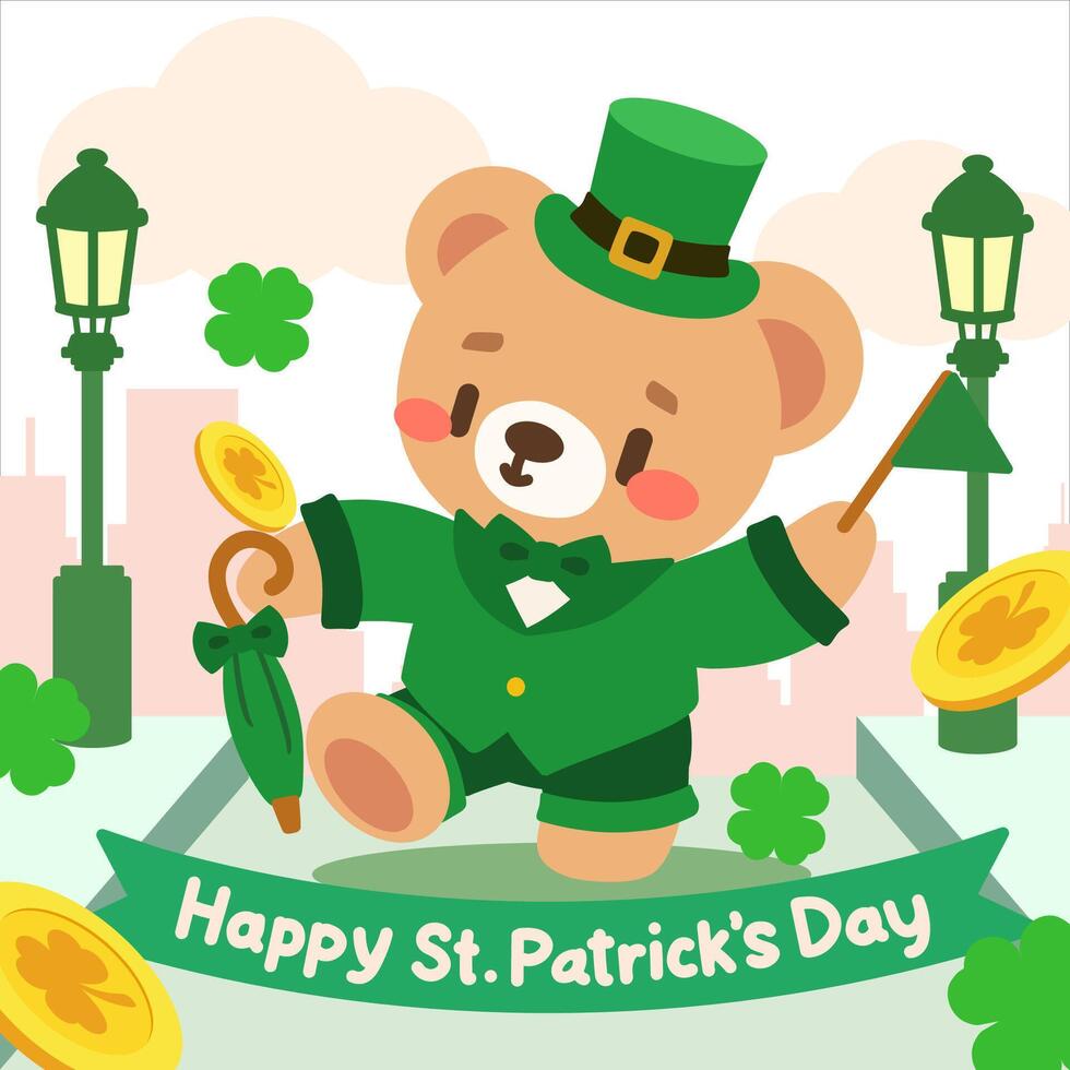 Cute St. Patrick's Day illustration featuring an adorable bear dressed as a leprechaun, holding a green umbrella and surrounded by gold coins, shamrocks, and festive elements in a cityscape. vector