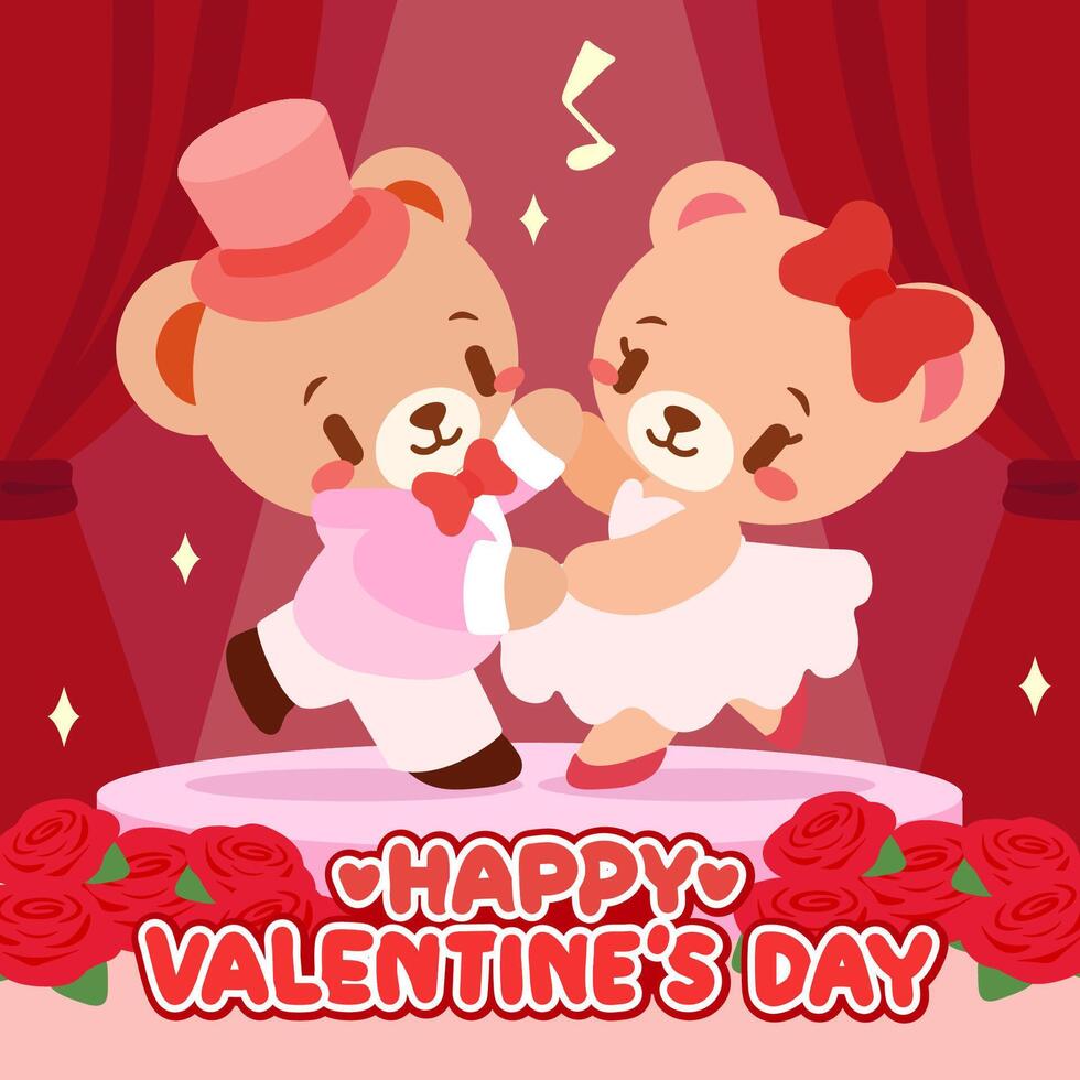 Cute Dancing Teddy Bears on Valentine s Stage with Romantic Roses. Kawaii Valentine s Day Illustration with Teddy Bears and Red Curtains. vector