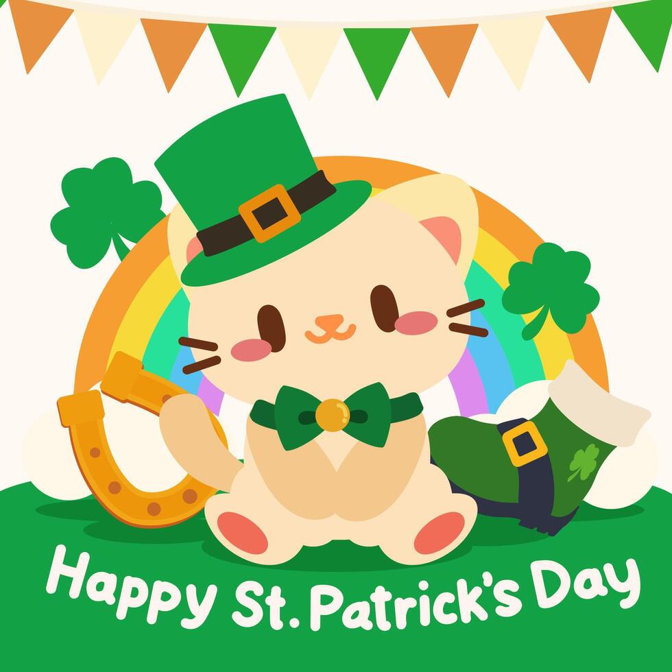 Cute St. Patrick s Day illustration features an adorable cat wearing a leprechaun hat and bow tie, surrounded by a rainbow, clover, horseshoe, and festive bunting. vector