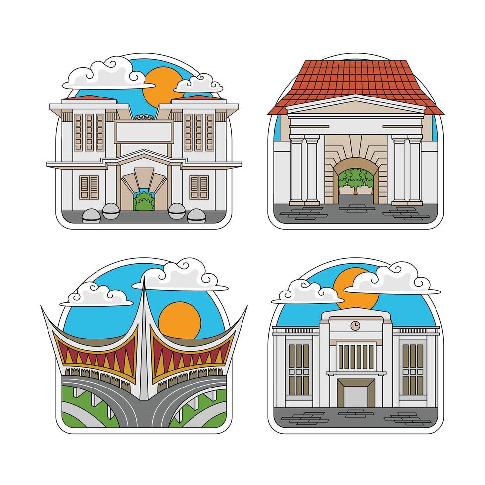 indonesia landmark of a beringhajo market, fort vredeburg, grand mosque, and jogja station vector