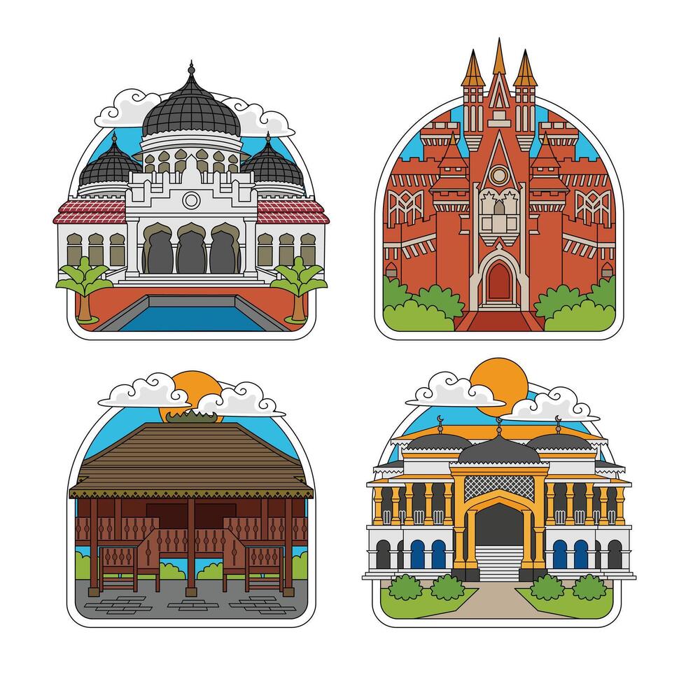 indonesia landmark of grand mosque etc vector