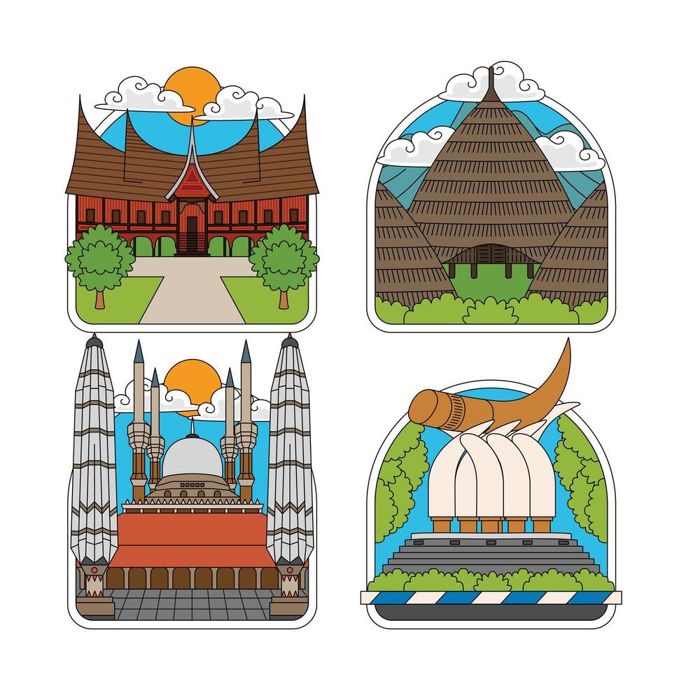 indonesia landmark of a gadang and wae rebo traditional house, kartonyono monument, and the great mosque vector