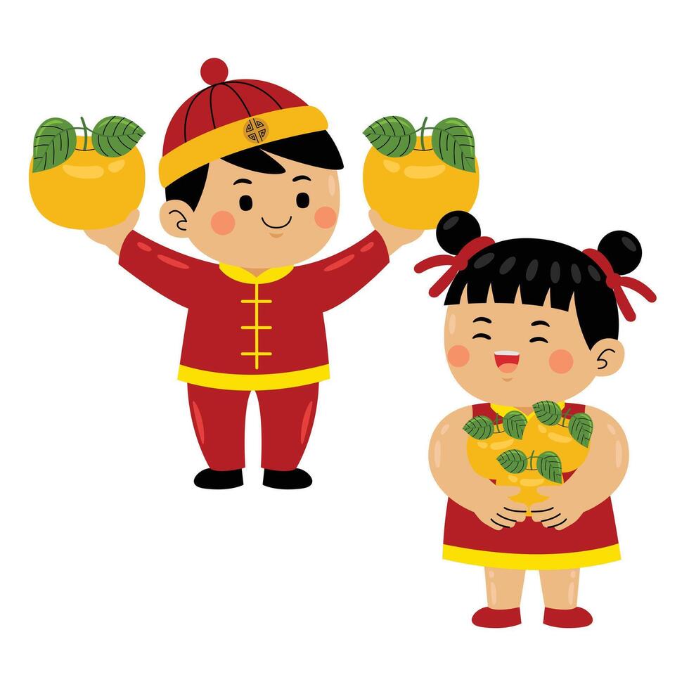 kids holding mandarin orange vector
