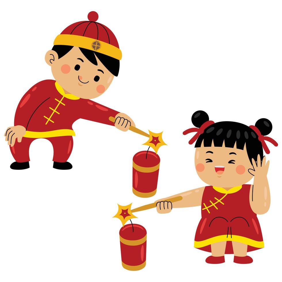 kids celebrating chinese new year with firecracker vector