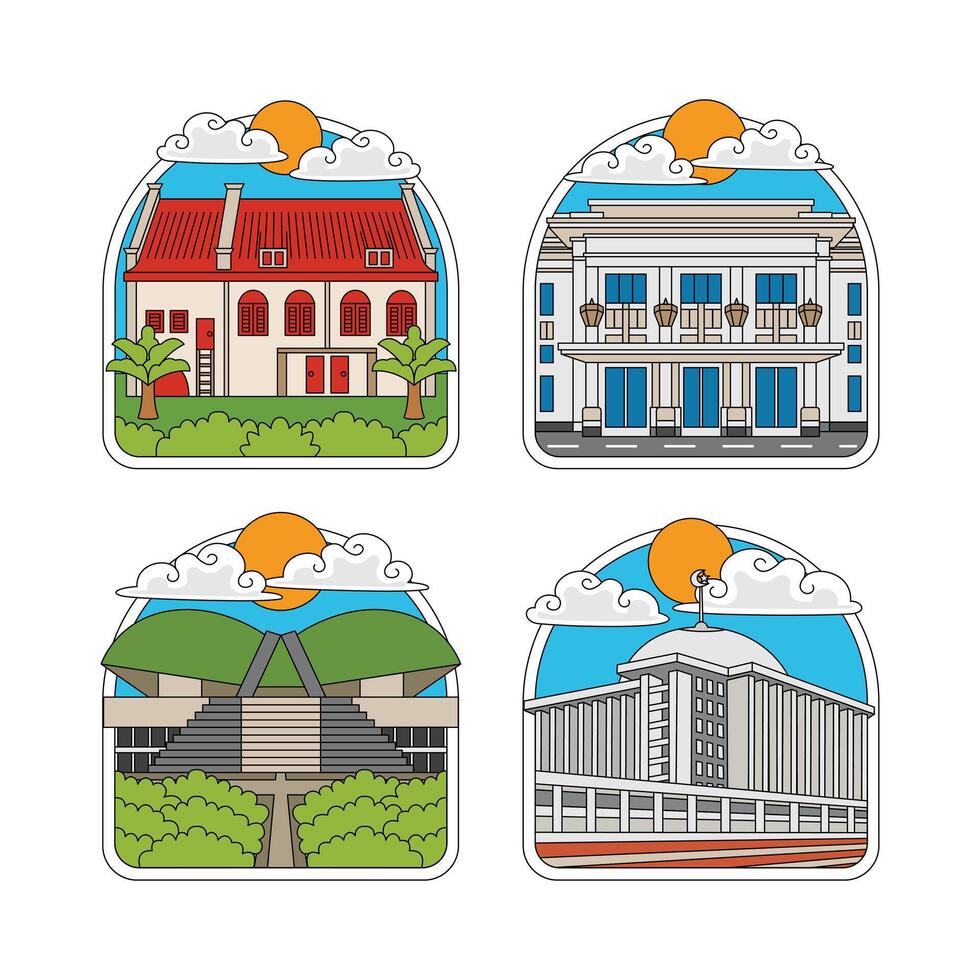 indonesia landmark of a fort rotterdam, merdeka building, istiqlal grand mosque vector