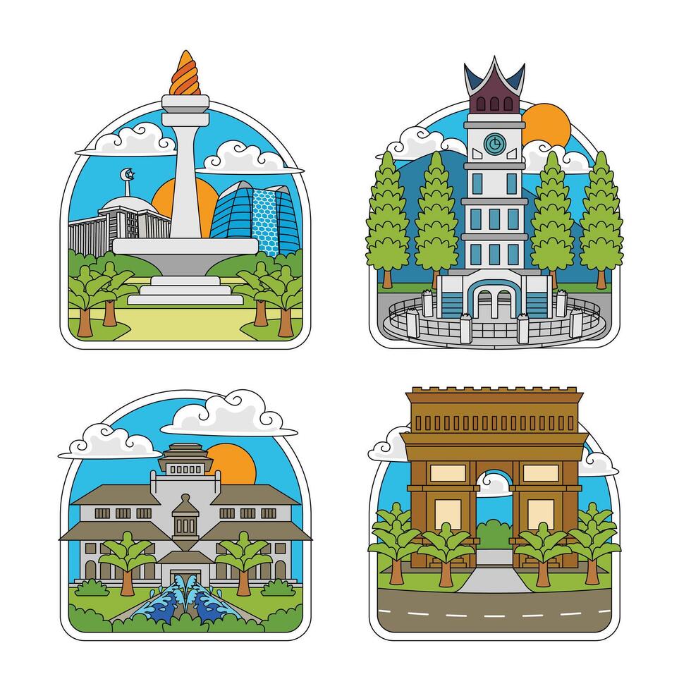 indonesia landmark of a monas, jam gadang, sate building and simpang lima gumul monument vector