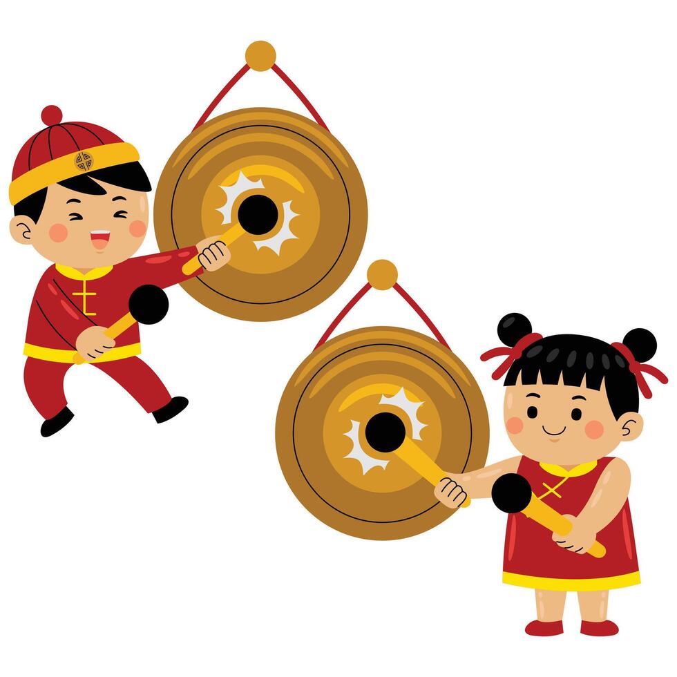 kids playing gong cartoon vector