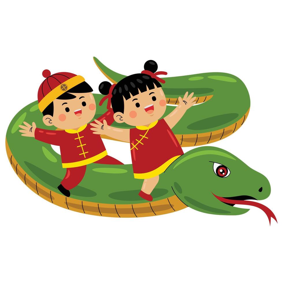 kids riding a cartoon snake vector