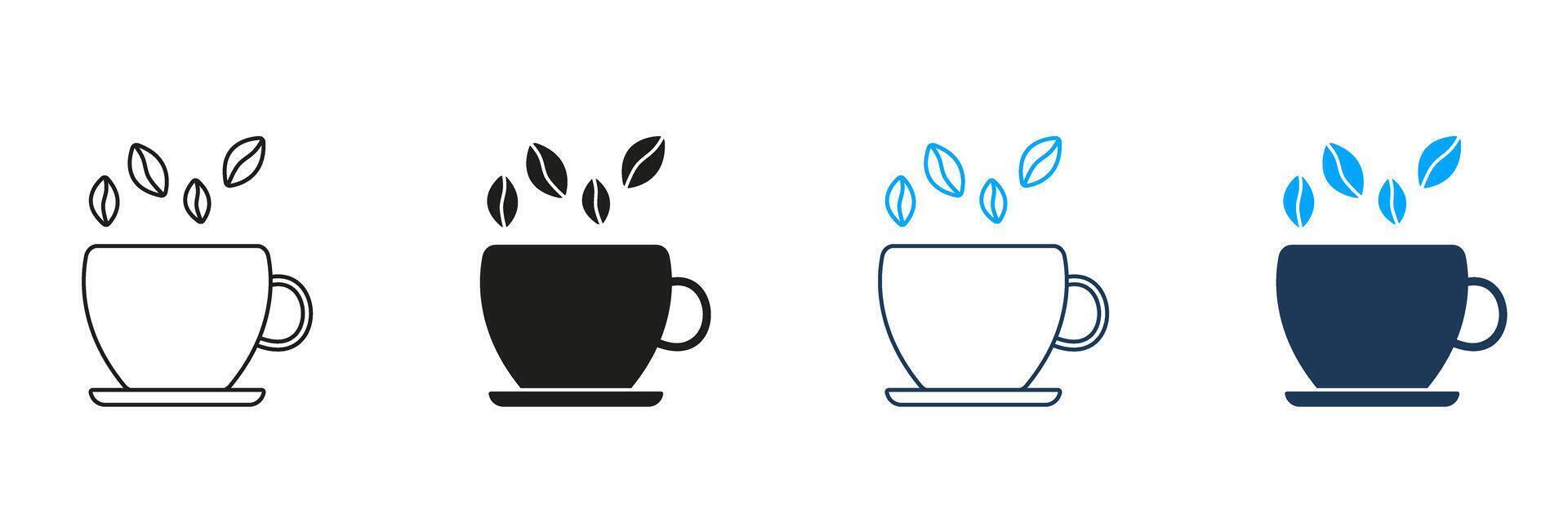 Cup with Coffee Beans Line and Silhouette Icon Set. Hot Drink in Cup Symbol. Editable Stroke. Isolated Illustration vector