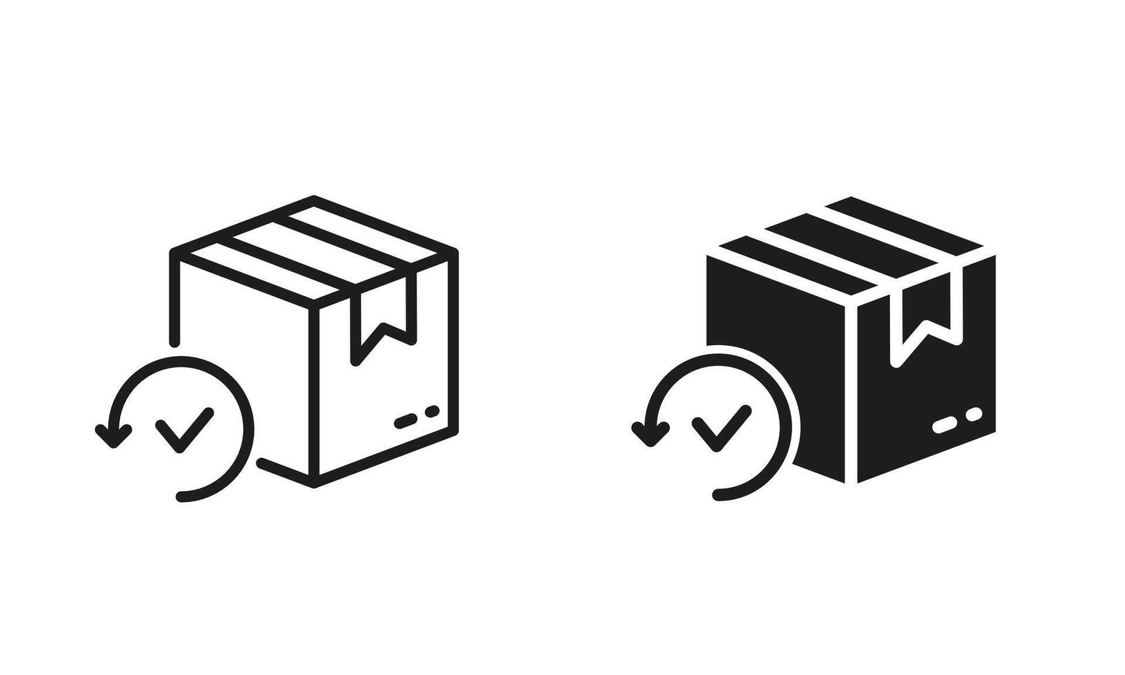 Refund Packaging Sign. Check and Return Parcel Line and Silhouette Icon Set. Editable Stroke. Isolated Illustration vector