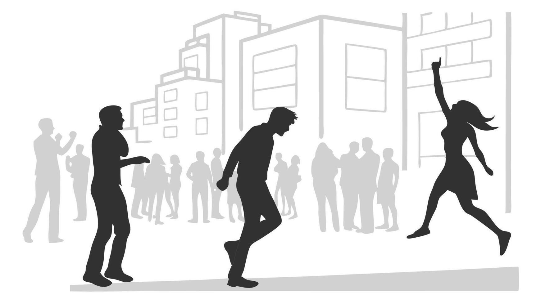 Excited woman celebrates success amidst a crowd in urban setting. vector