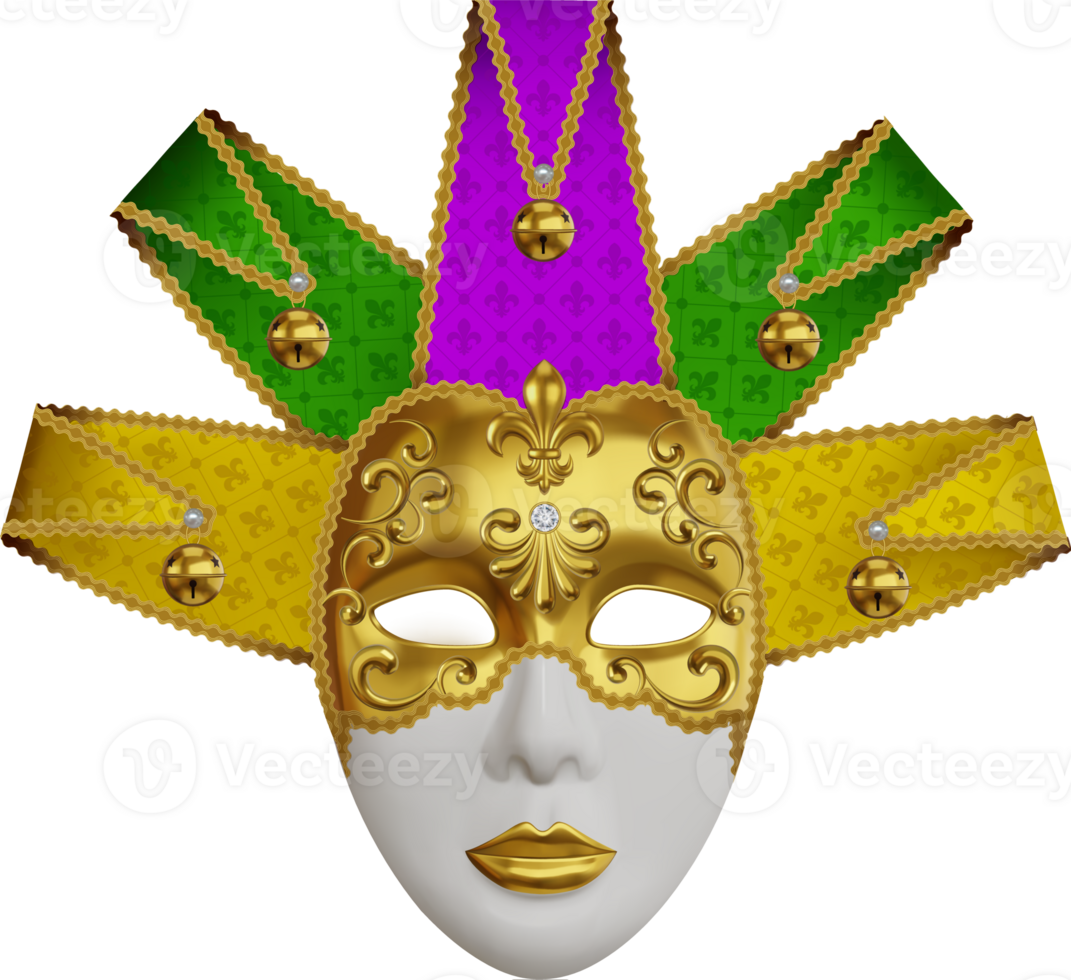 isolated jolly mask with gold decorations and mardi gras colors. mardi gras or carnival mask realistic illustration png