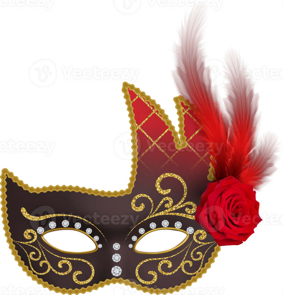 venetian carnival mask with gold ornaments, red rose and feathers png