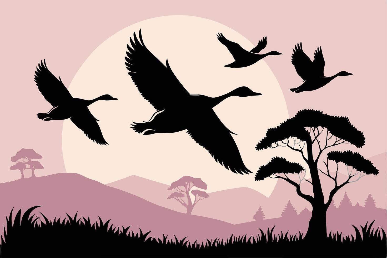 Silhouettes of Geese Soaring Above a Peaceful Landscape vector