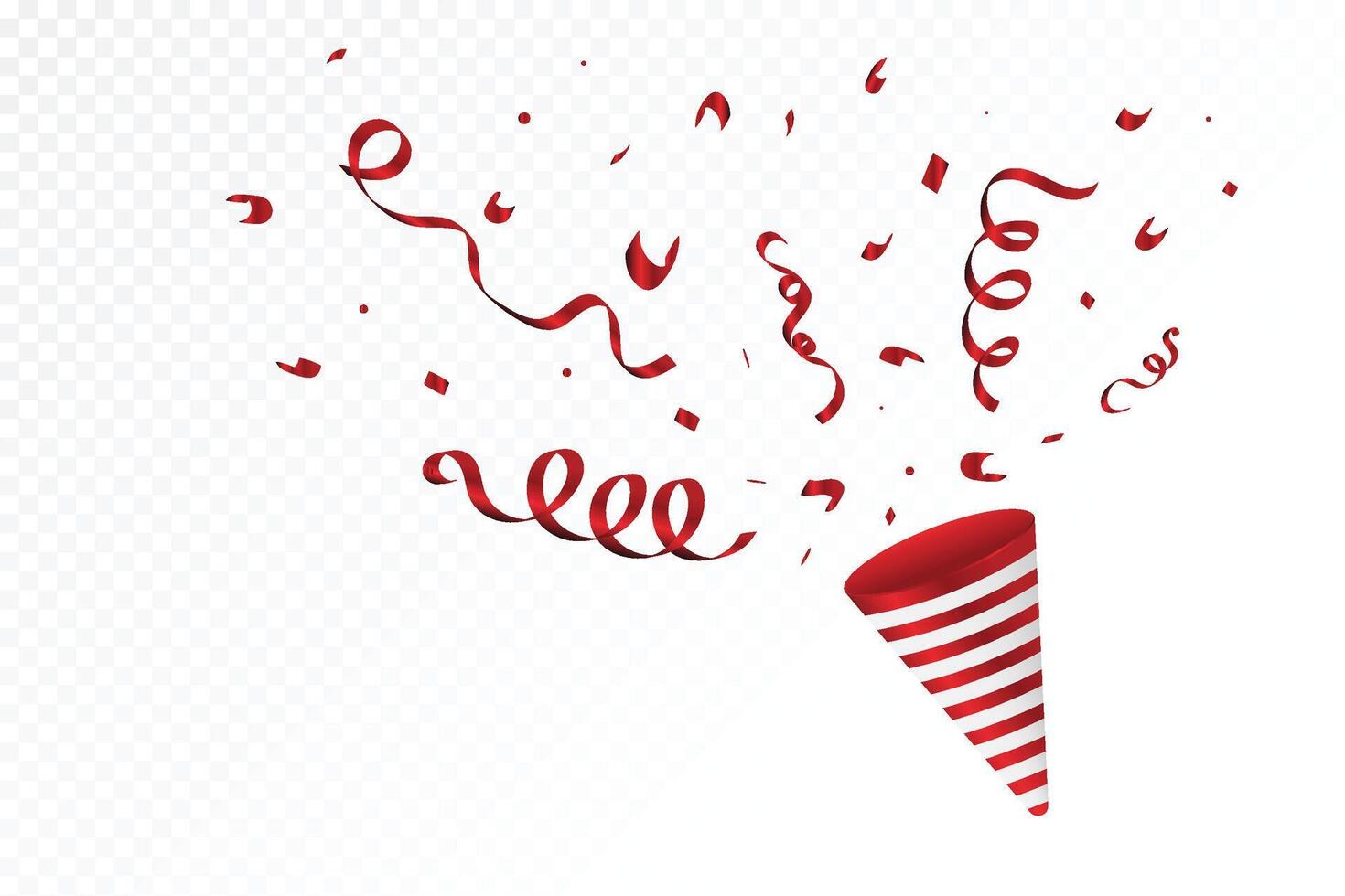 Luxury red confetti cone explosion for anniversary and party celebration. Special confetti and tin foil design on a white background. Red tinsel and ribbon blast for Christmas. vector