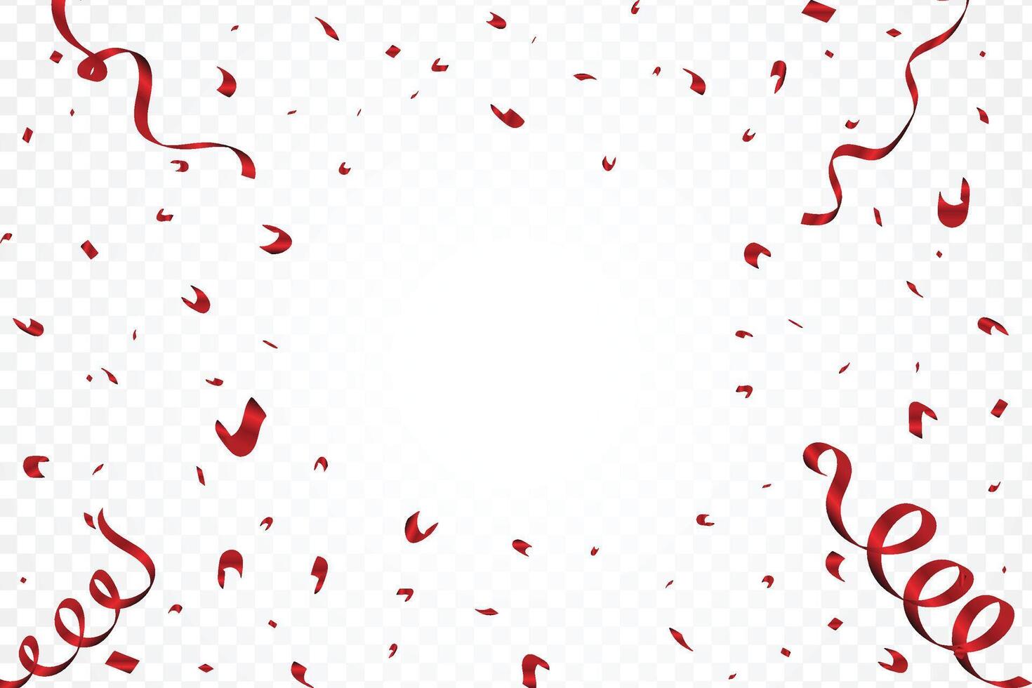 Shiny red ribbon and confetti blast on a white background. Confetti and ribbon for anniversary, new year, birthday party, festival, and carnival decoration. Red color Tinsel for party celebration. vector