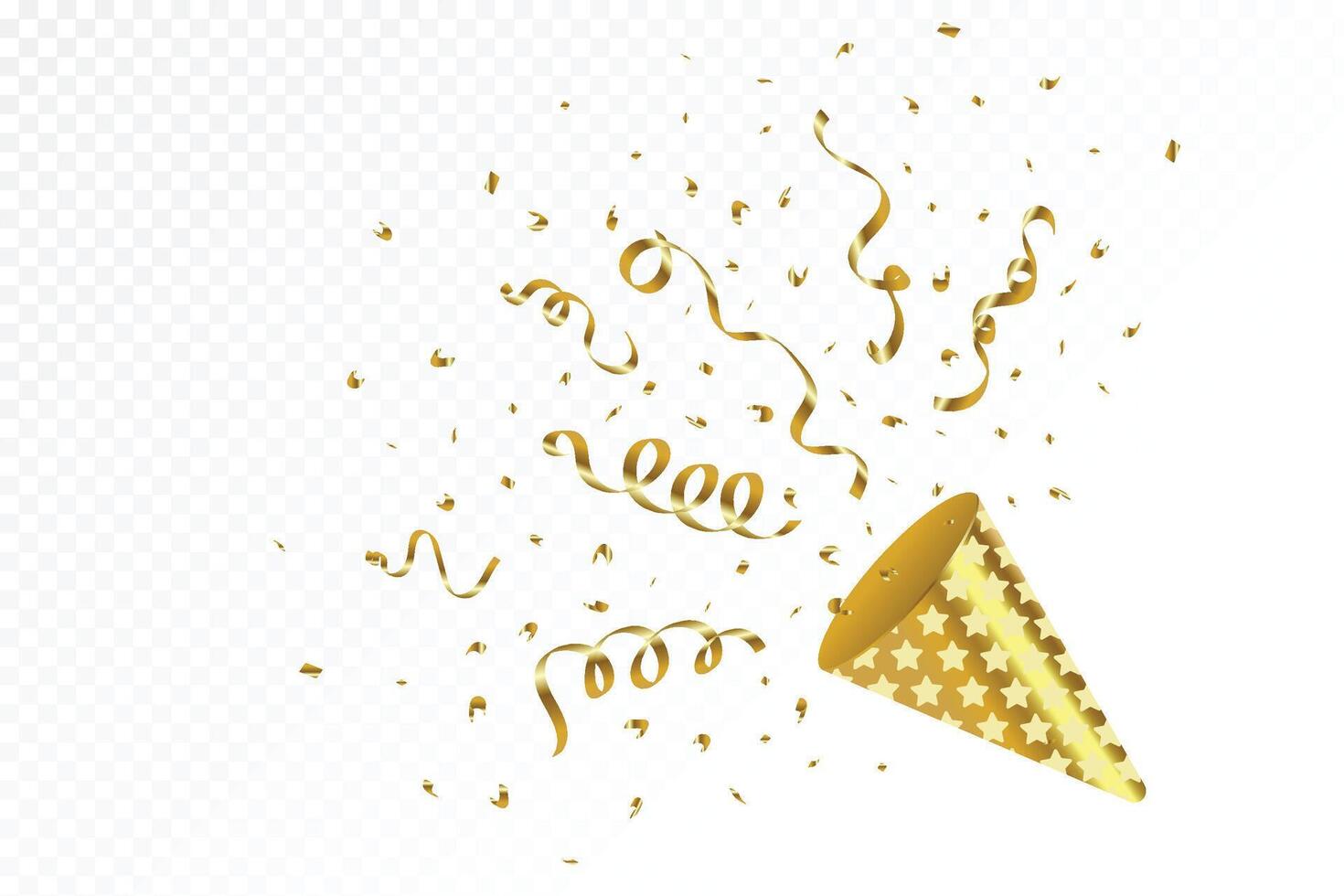 Shiny golden confetti and ribbon explode from a party popper on a white background. Confetti and Tinsel for anniversary, birthday, festival, and holiday celebration decor. Confetti and ribbon. vector