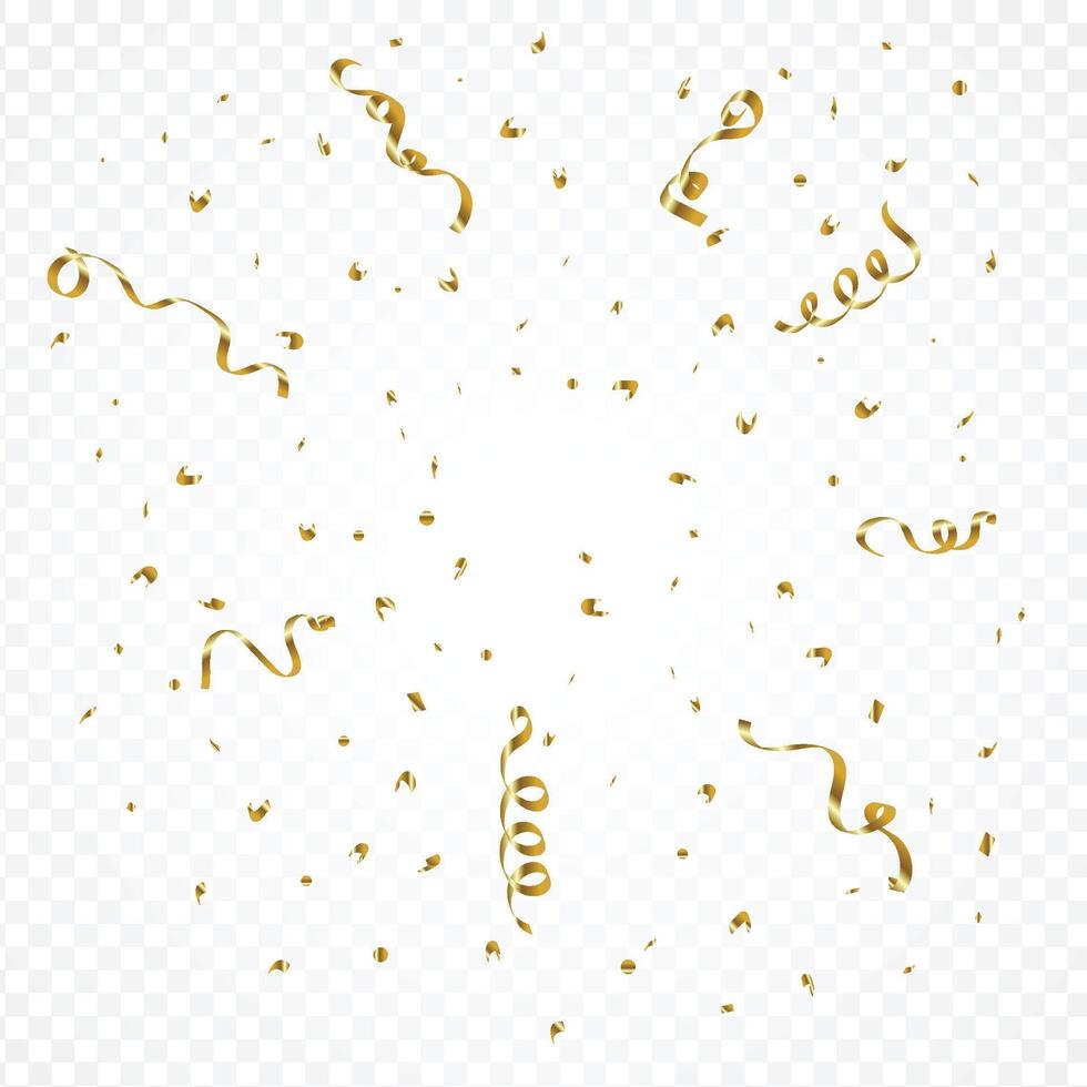 Golden confetti and party tinsel blast on a white background. Birthday, Anniversary party element for wish. Gold ribbon and confetti design with paper scrap. vector