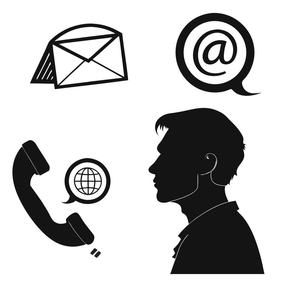 A man is talking on the phone and there are icons of email, phone and globe vector