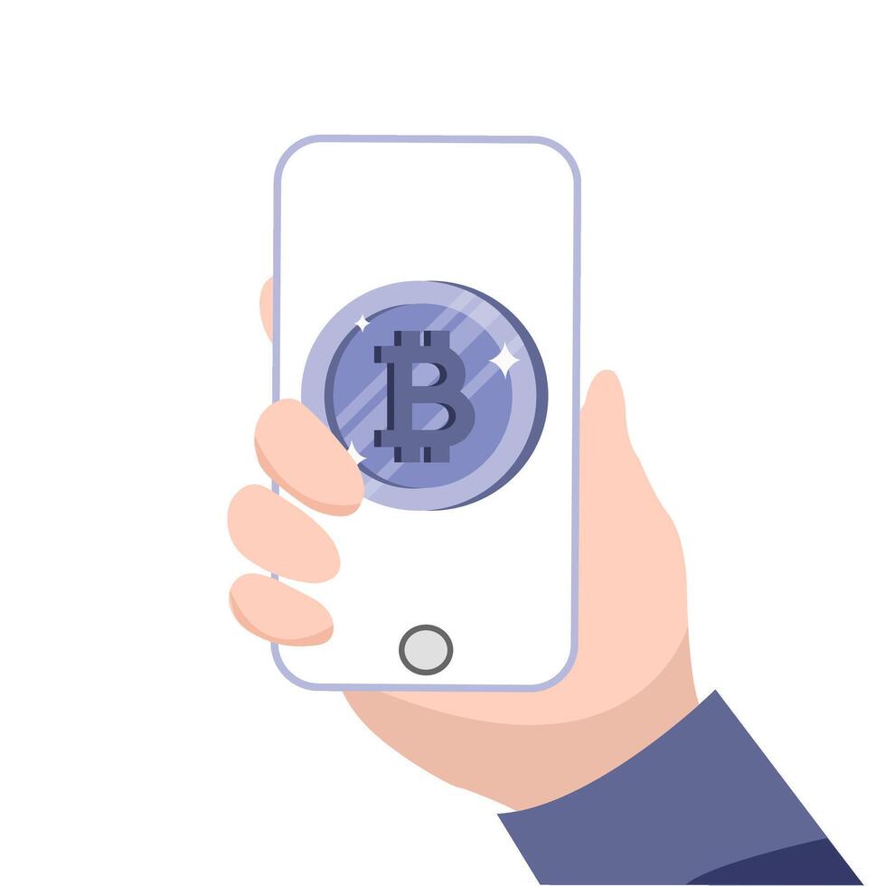 Holding a smartphone displaying a digital bitcoin symbol for cryptocurrency transactions vector