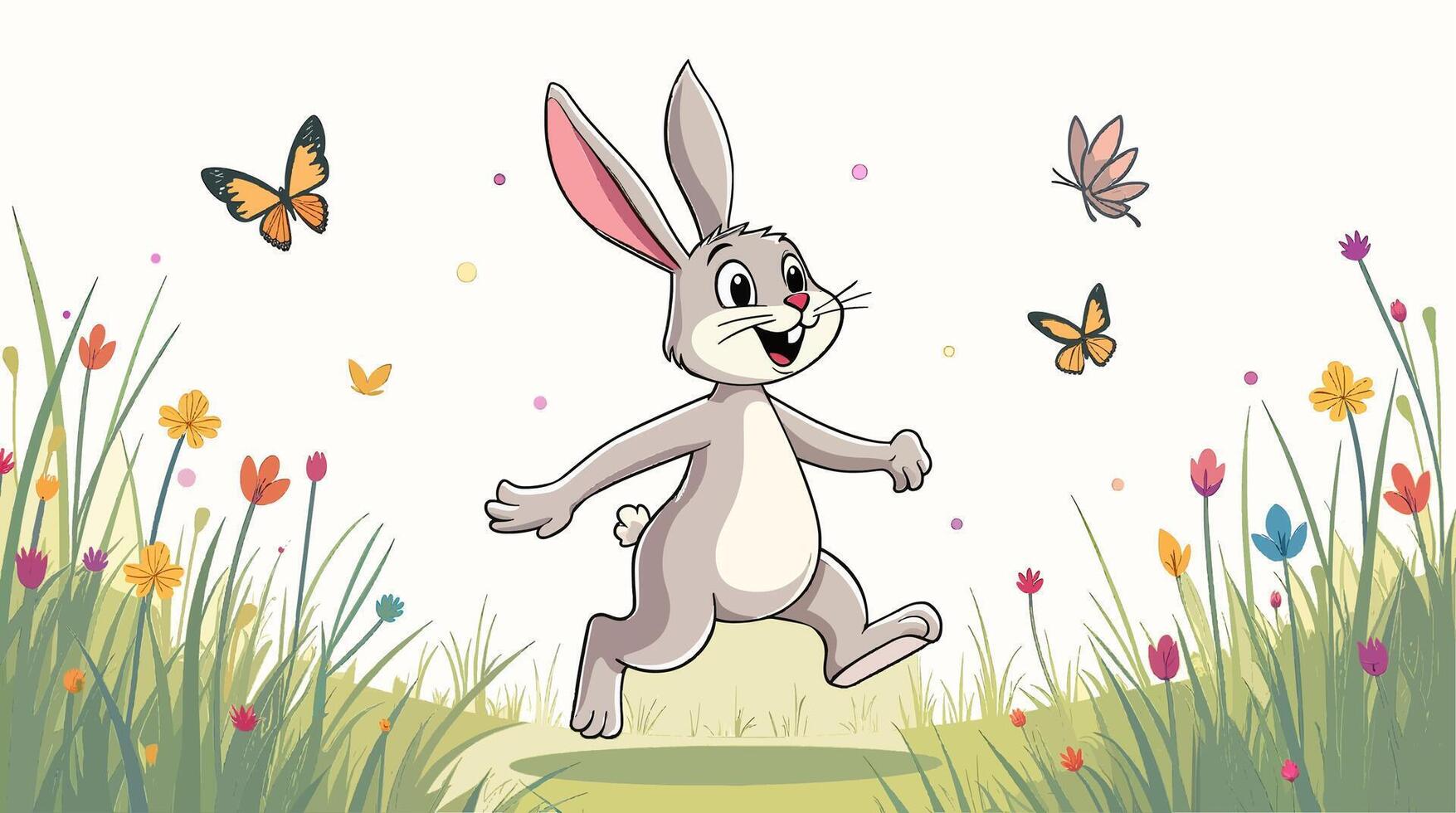 A cartoon bunny running through the grass with butterflies flying around him vector