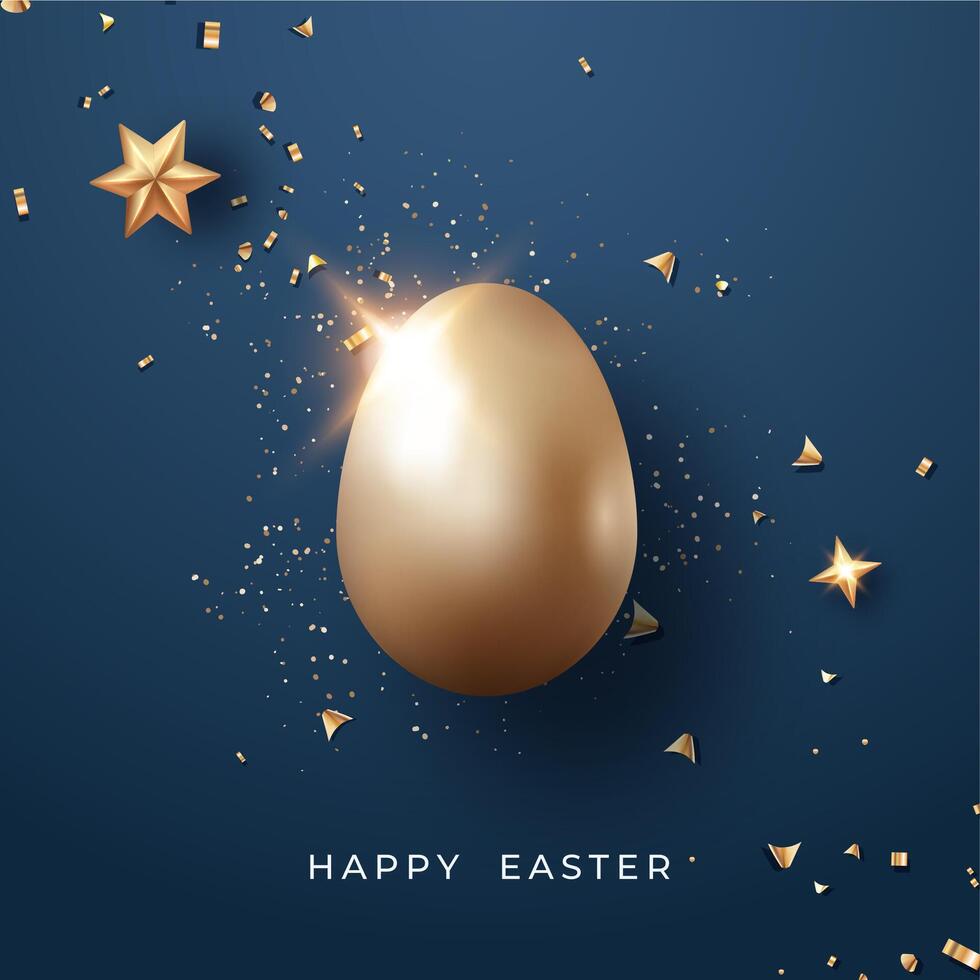 Shiny golden Easter egg surrounded by stars and confetti vector