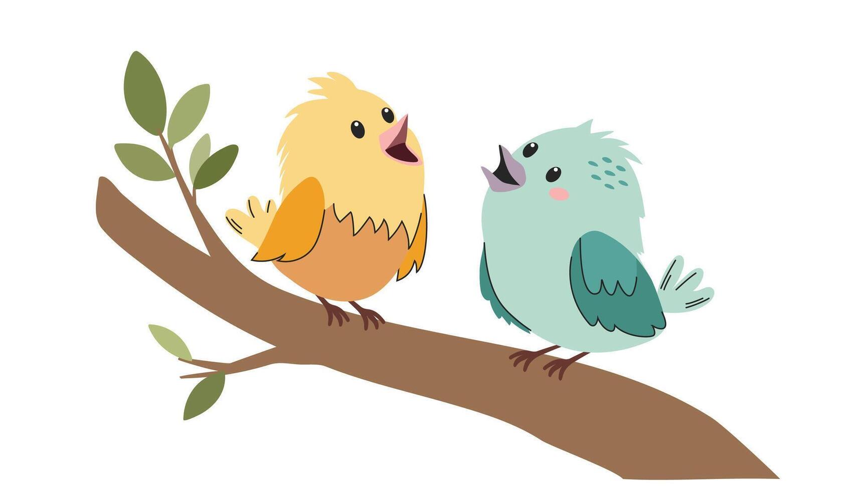 Cute flat illustration on white background. Two cute birds sitting on a branch vector