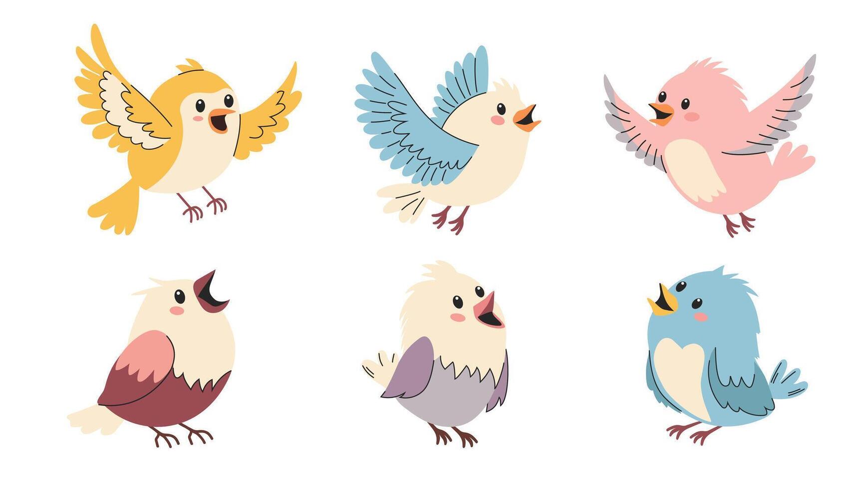 Set of spring birds. Different birds. Beautiful and cute multi-coloured birds. cartoon illustration in childish style. vector