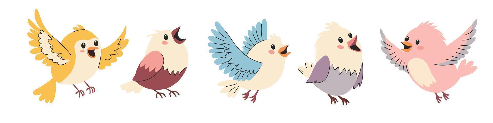 Set of cute birds. children's style. Cute birds sitting and flying vector