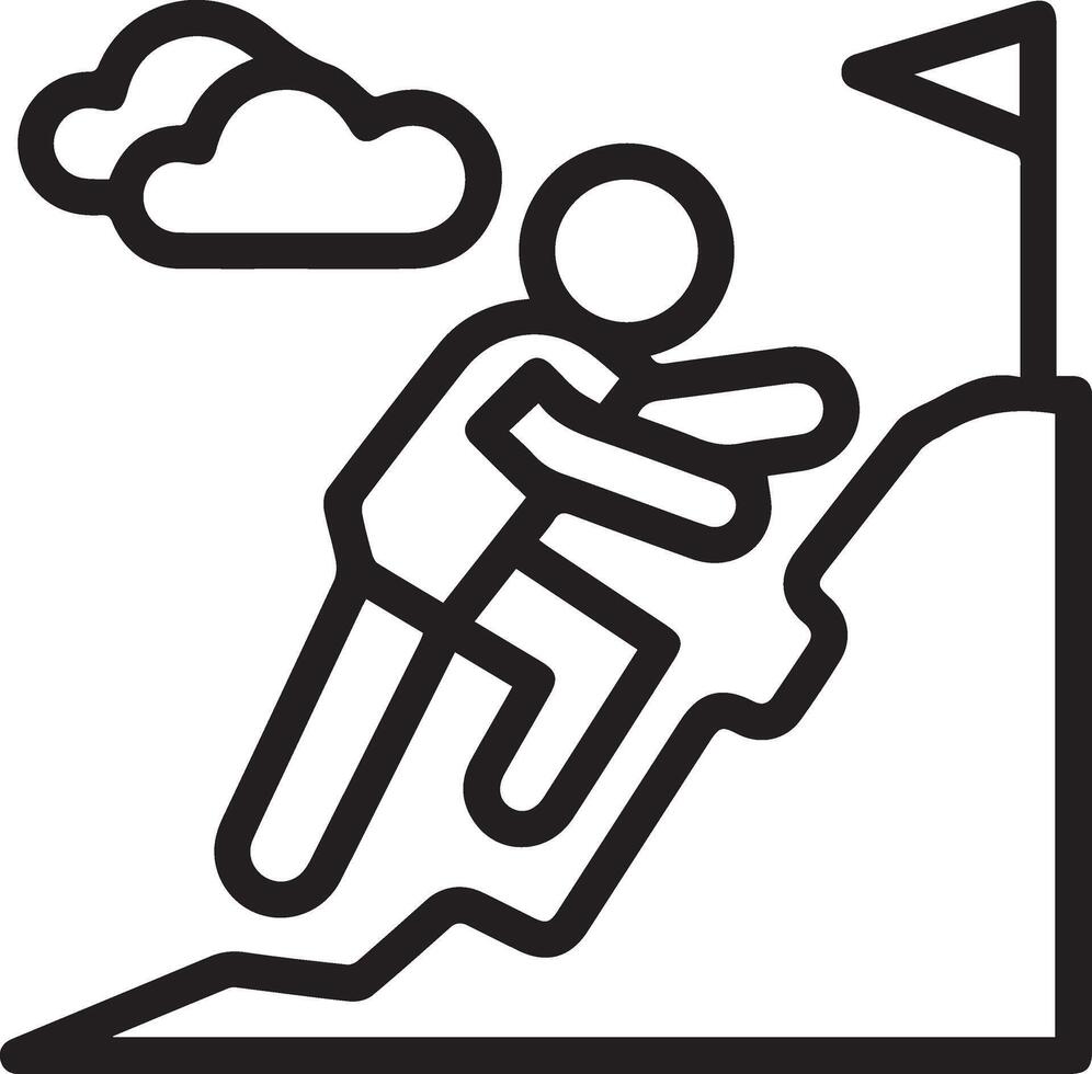 A man climbing a mountain with a flag outline illustration vector