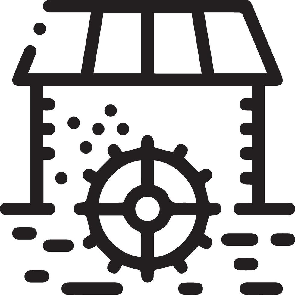 A black and white icon of a building with a water wheel vector