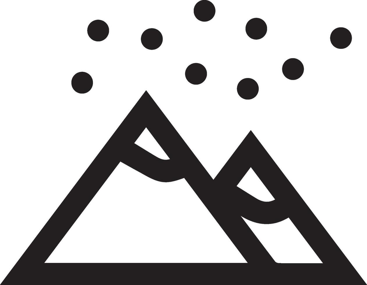 A black and white mountain icon with snow falling vector