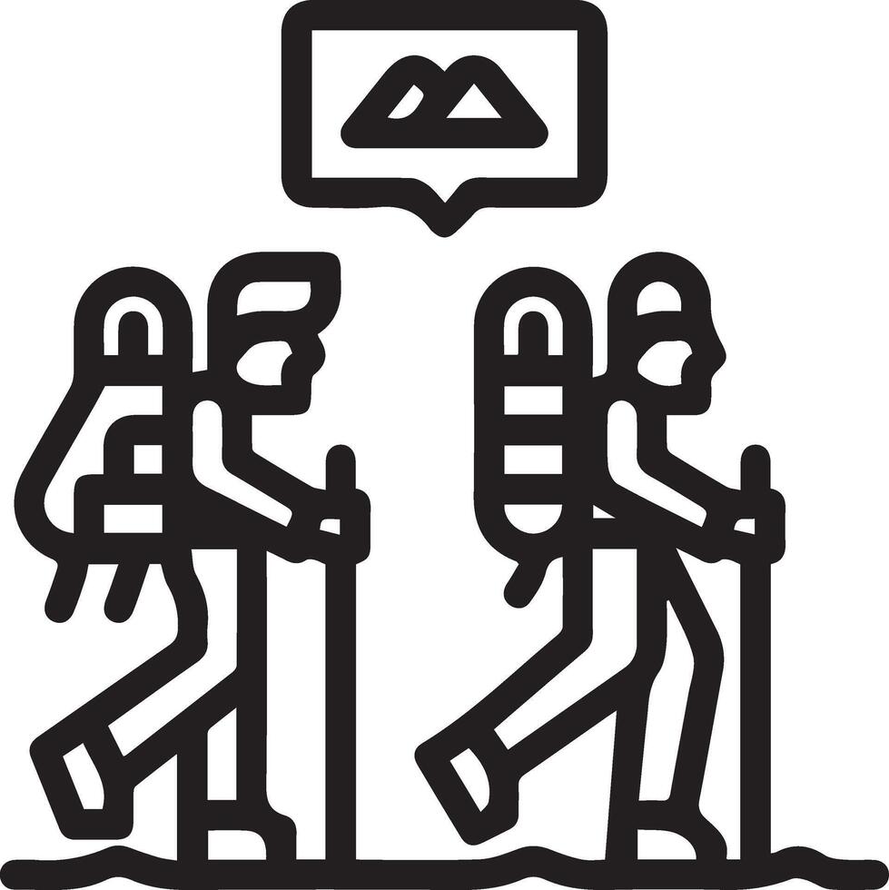 Two people with backpacks are hiking with a chat bubble vector
