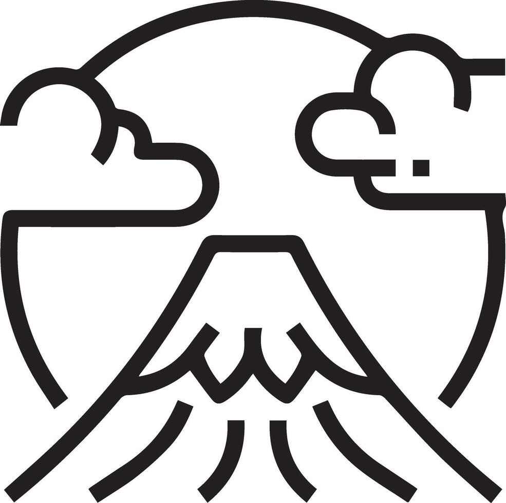 A black and white illustration of a mountain and sun with clouds vector