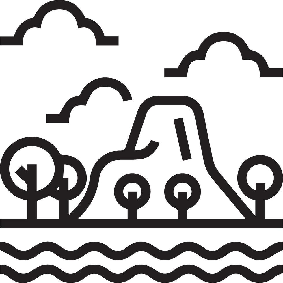 A black and white illustration of a mountain and trees with water vector