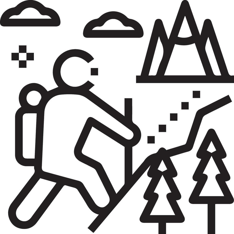 A black and white illustration of a man hiking up a mountain vector