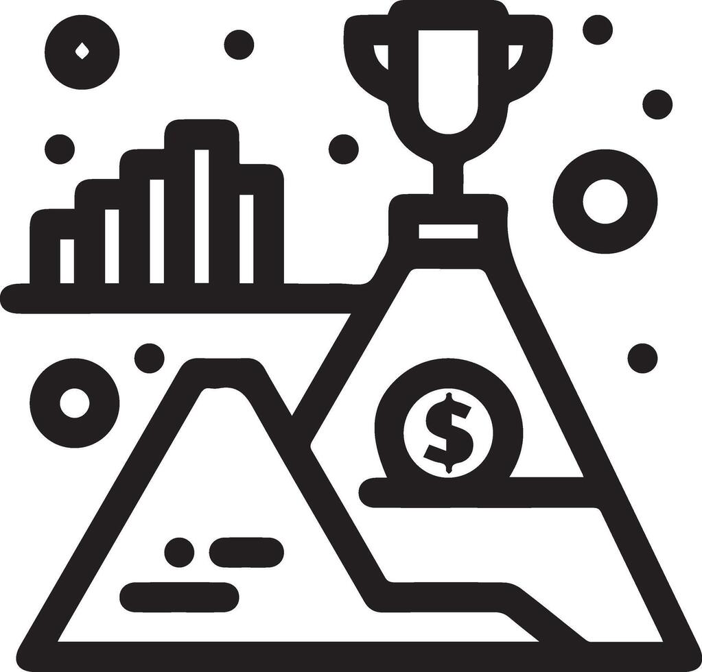 A black and white icon of a mountain with a cup and money vector