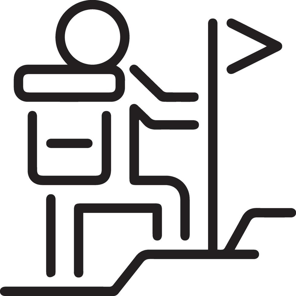 A black and white line drawing of a person with a backpack hold a flag vector