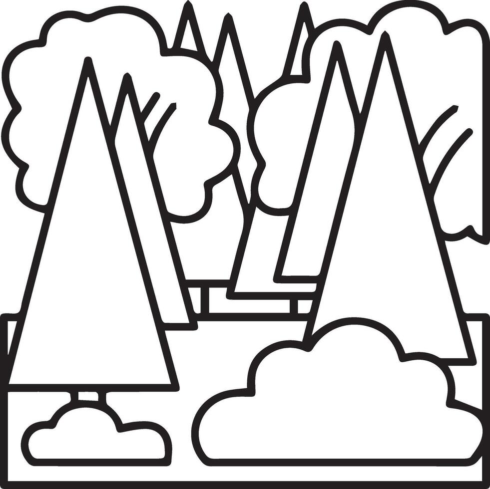 A black and white drawing of trees and clouds vector
