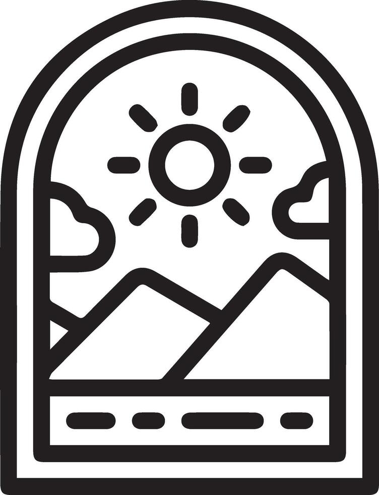 A black and white image of a window with mountains and sun vector