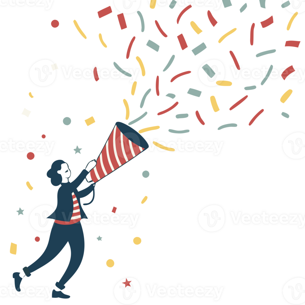 Animated Illustration of a Cheerful Character Blowing Confetti from a Megaphone Celebrating Special Moments and Spreading Happiness at Various Joyous Events png