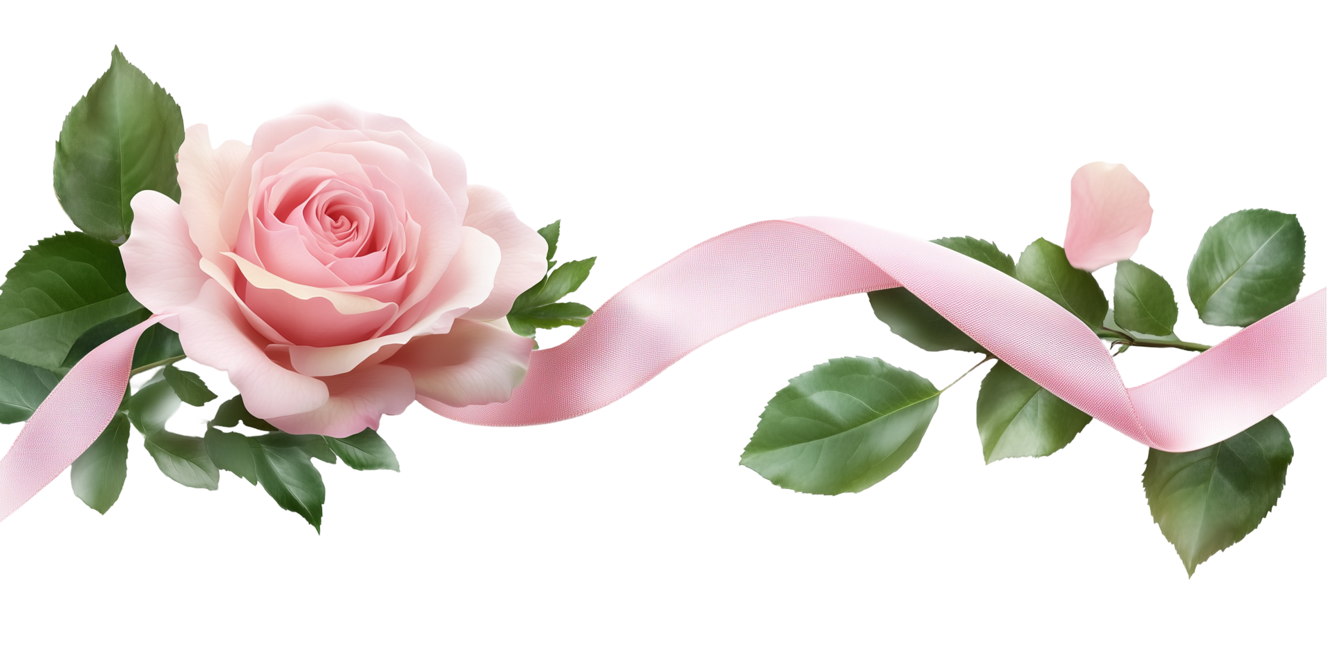 pink rose with green leaves and ribbon on transparent background png