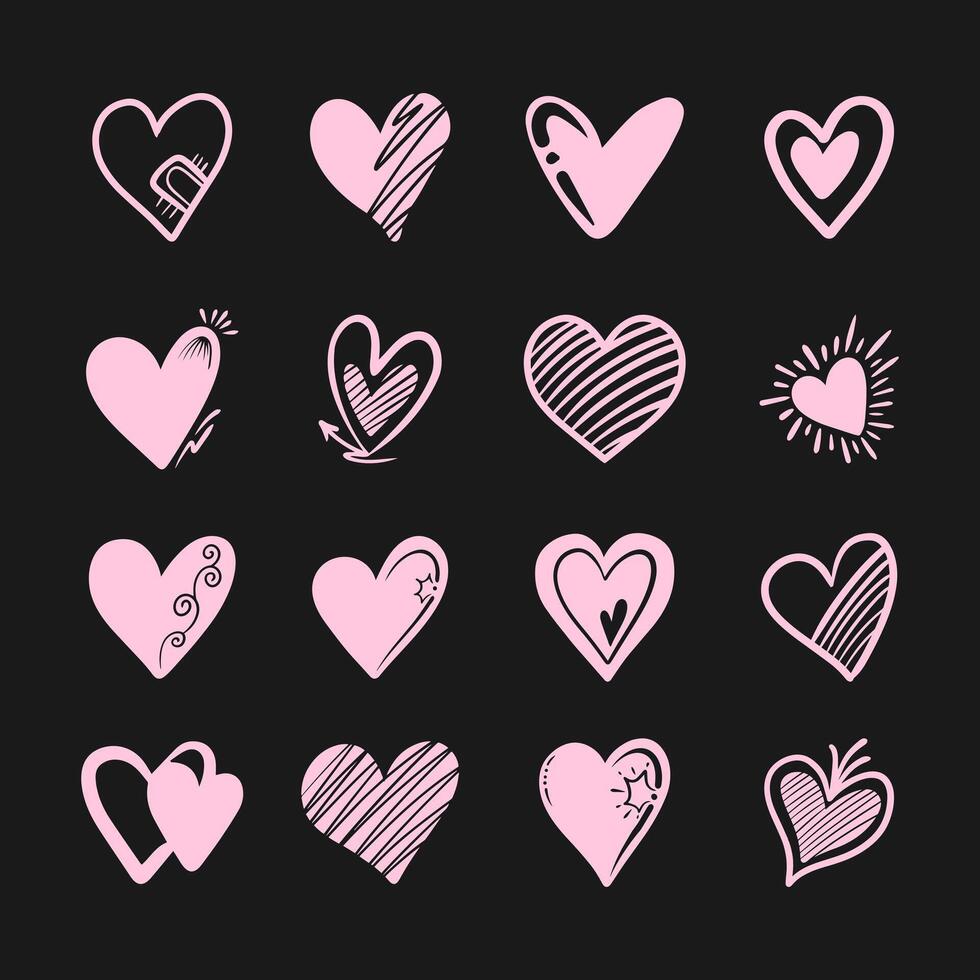 Love doodle set in pink on an elegant black background vector