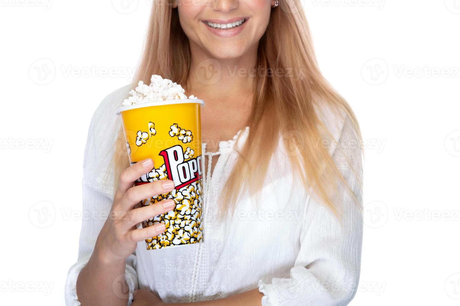 Woman Holding a Bucket of Popcorn over White Background photo