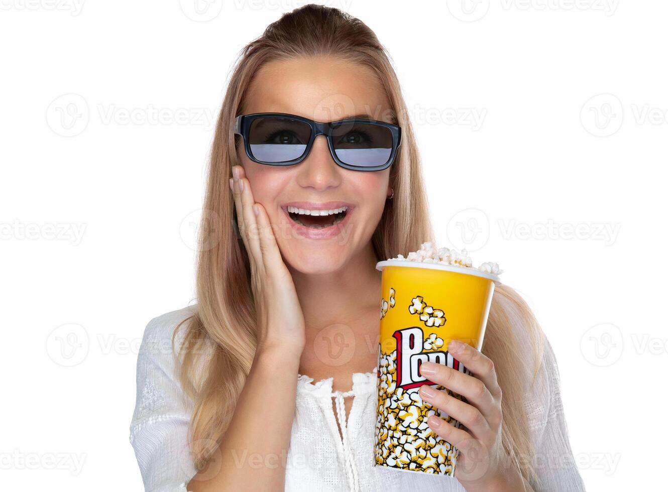 Female Enjoys a Delicious Popcorn While Wearing 3D Glasses photo