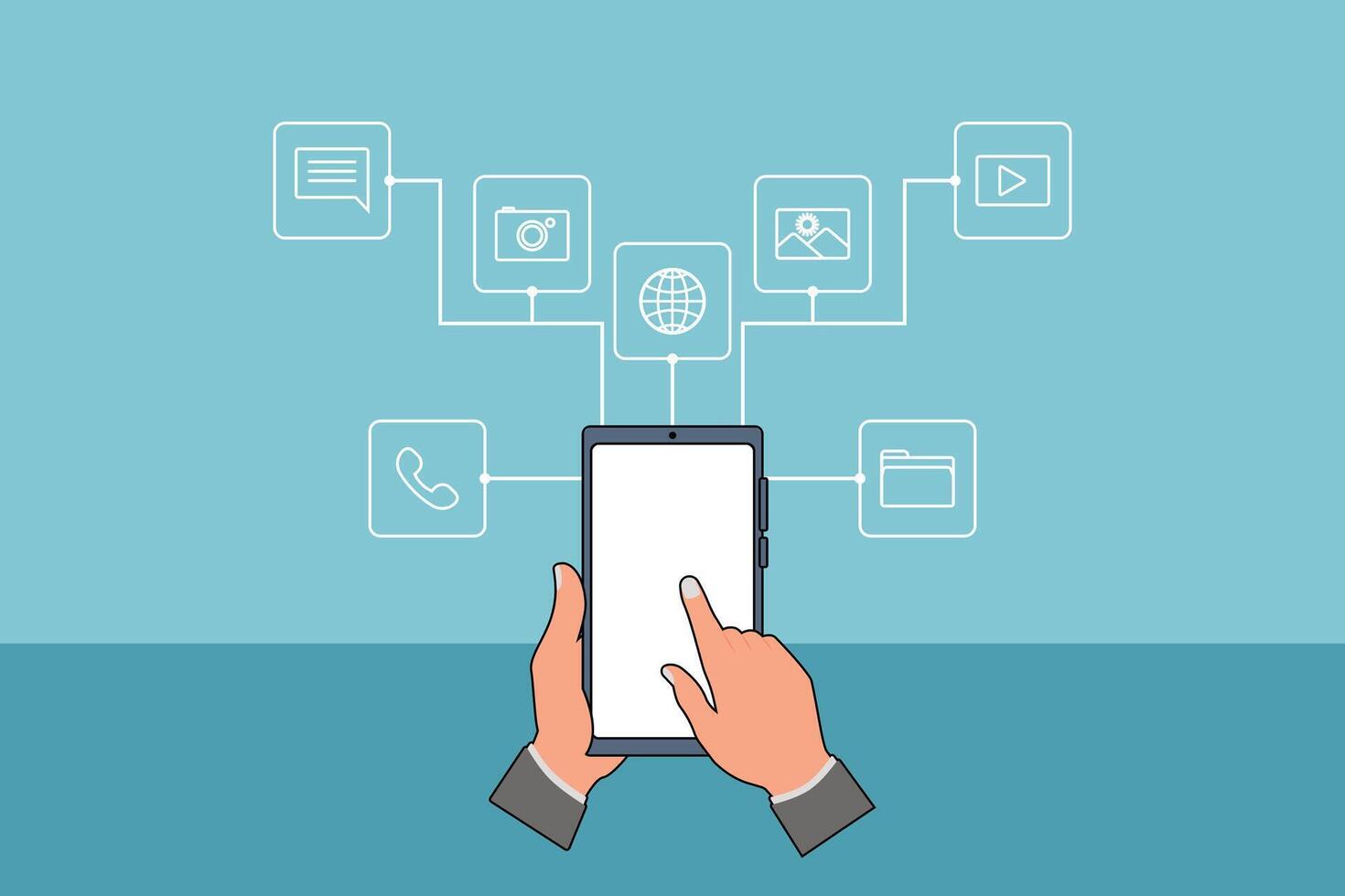 Hands Using a Tablet with Connected Digital and Media Applications vector
